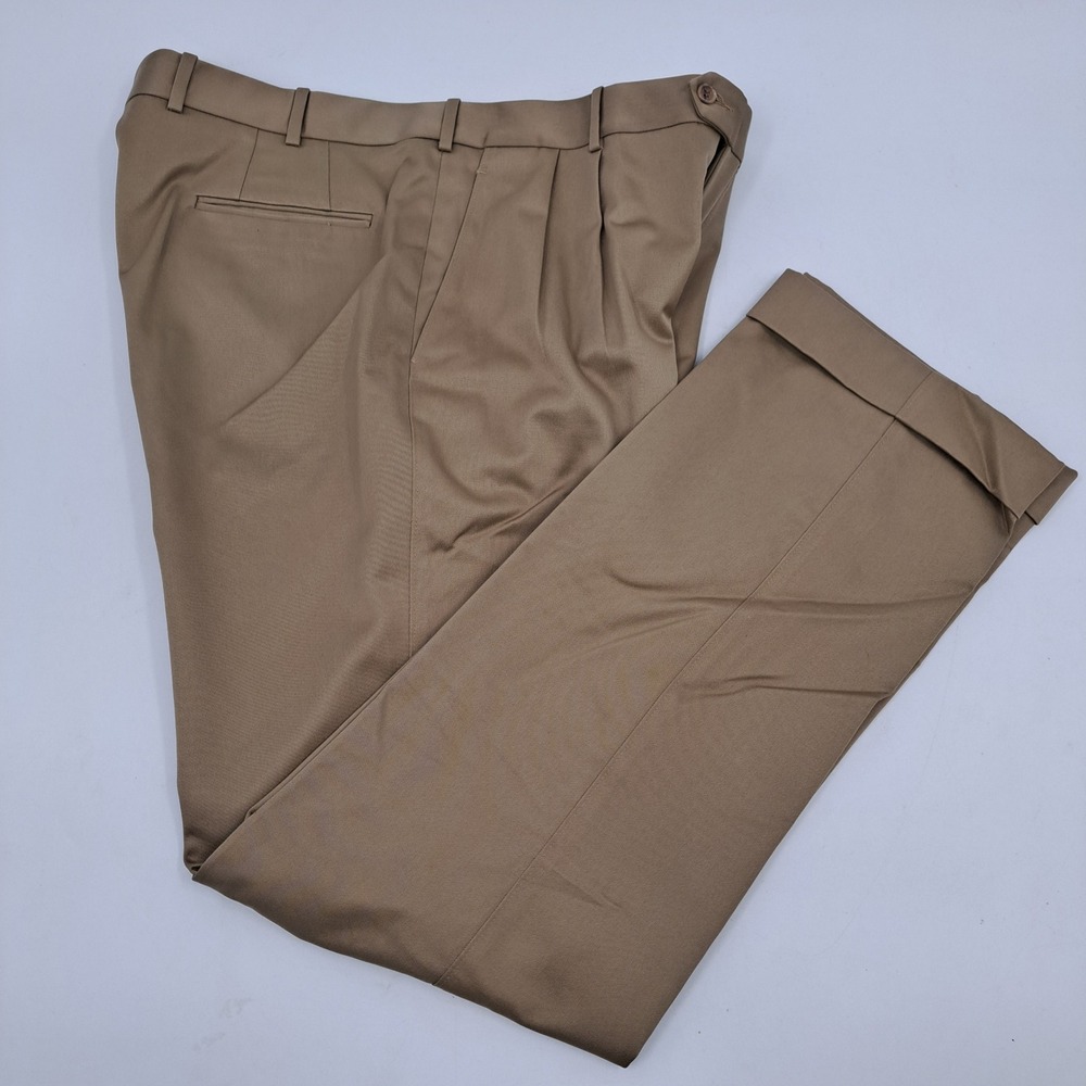 Paul Stuart Men 40x34 Tan Twill Pleated Cuffed Dress Pants Hand Tailored USA